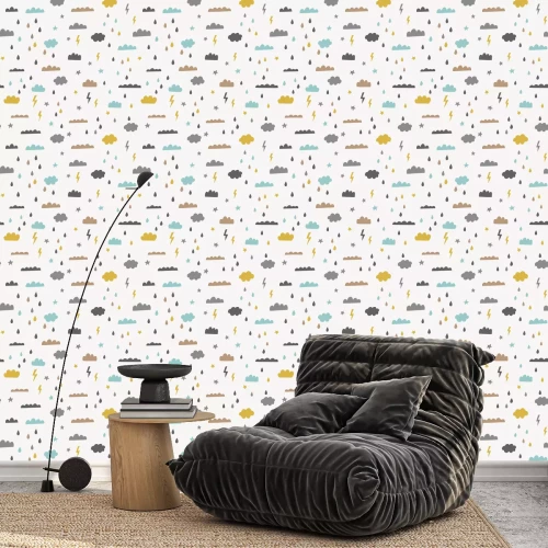 Tapete Rain vector seamless pattern with clouds, rain drops, lightning, stars. Sky vector background in blue, yellow, brown and black. Hipster scandinavian style print design.