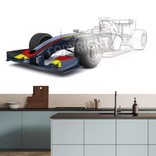 Sticker 3D Render of a Generic racing car with half in sketch preview