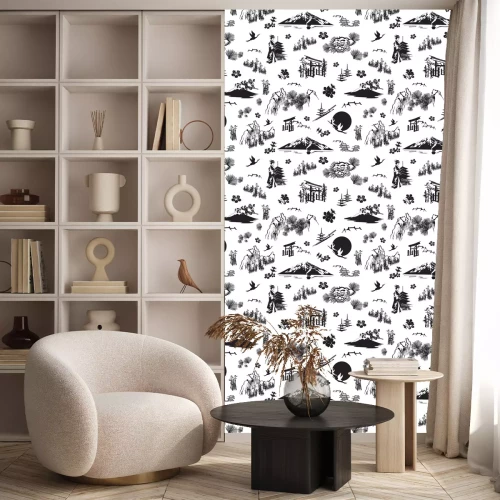 Tapete Ein nahtloses Muster mit Miniaturen, die Japan symbolisieren. Sakura, Kimono, Kiefern, Fuji, Torii, Laternen und andere