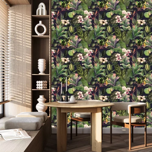 Tapete Nahtloses Muster mit tropischen Blättern und Blüten. Aquarellmuster mit einer Magnolienblume, Orchideen, Kaktus, weiße Orchideenphalinopsis. Botanischer Hintergrund