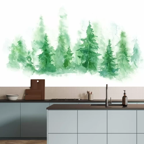 Sticker Green landscape of foggy forest, winter hill. Wild nature, frozen, misty, taiga. watercolor background