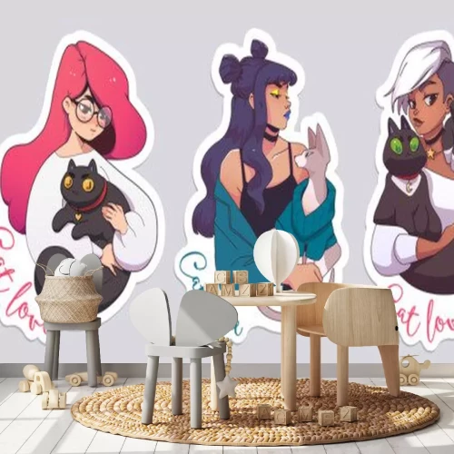 Sticker Vier weibliche Gestalten mit Katzen
