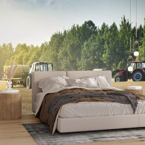 Fototapete Traktoren auf dem Feld mit Heu