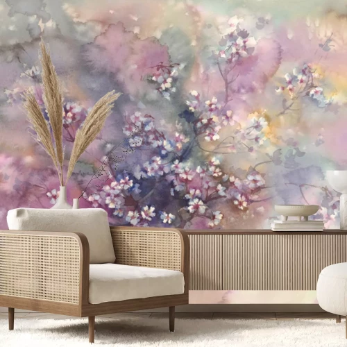 Fototapete Blühende Kirschblüten auf einem Aquarellhintergrund