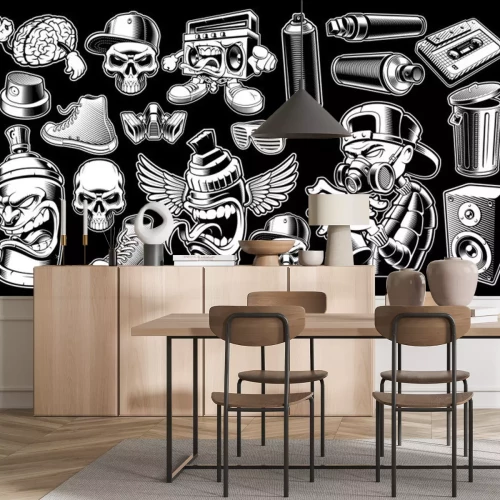 Sticker Set of black and white graffiti stickers.