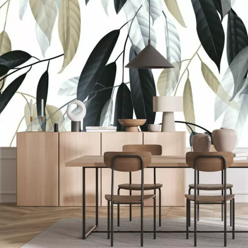 Sticker Seamless pattern, black, golden and white long leaves on light grey background