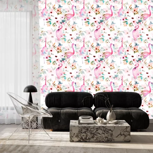 Tapete Aquarell-Flamingos und Blumen auf einem hellen Muster