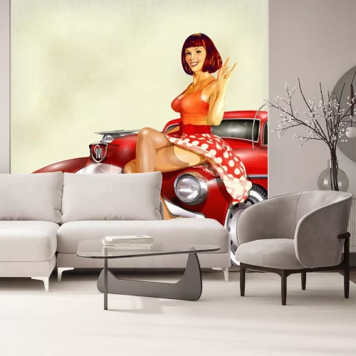 Sticker Pin-up girl and retro car isolated on white background
