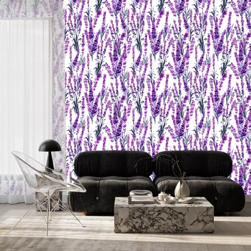 Tapete Lavender Field Seamless Pattern. Watercolor or Aquarelle Paintings of Provence Lavandula. Hand Drawn Tea Herbs Flower. Summer Blossom or Foliage of Garden Plant in Aquarelle. Nature and Perfume.