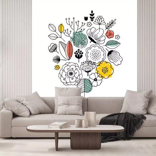 Sticker Summer flower bouquet composition. Linear graphic. Florals background. Scandinavian style. Vector illustration