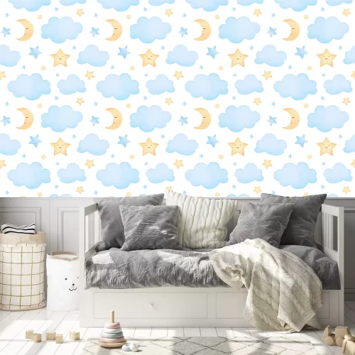 Tapete Watercolor illustrations of stars and clouds. Cute seamless pattern