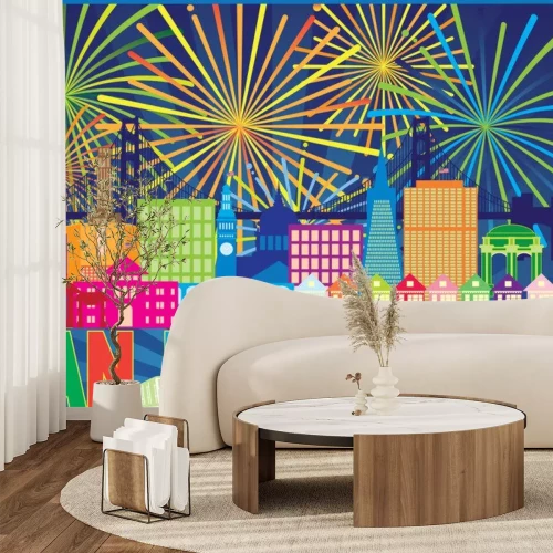 Sticker San Francisco Skyline Trolley Fireworks Color vector Illustration