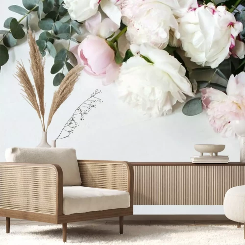 Fototapete Styled stock photo. Decorative still life floral composition. Wedding or birthday bouquet of pink and white peony flowers and eucalyptus branches. White table background. Flat lay, top view.