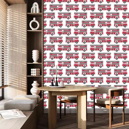 Tapete Hand gezeichnete Feuerwehrautos nahtloses Vektormuster auf weißem Hintergrund