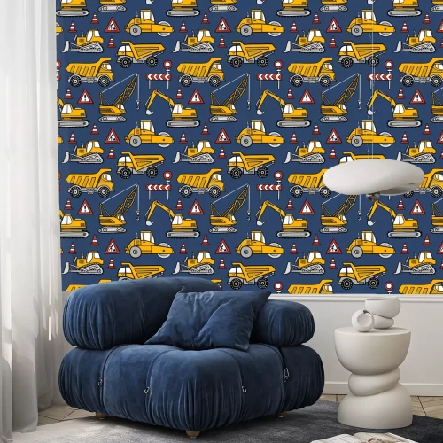 Tapete Hand gezeichnetes nahtloses Vektormuster der Bauwagen auf dunkelblauem Hintergrund