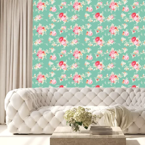 Tapete Shabby Chic-Blumen auf türkisfarbenem Hintergrund