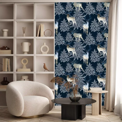 Tapete Aquarellhirsch im Winterwald