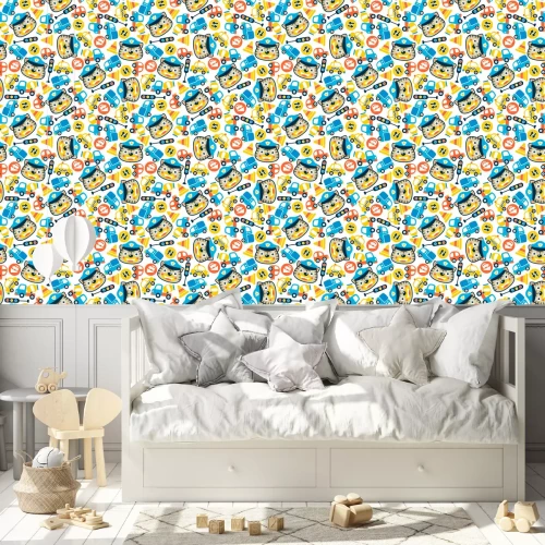 Tapete nahtloser Mustervektor mit lustigem Copkopfkarikatur, einschließlich Fahrzeugen, Verkehrszeichen