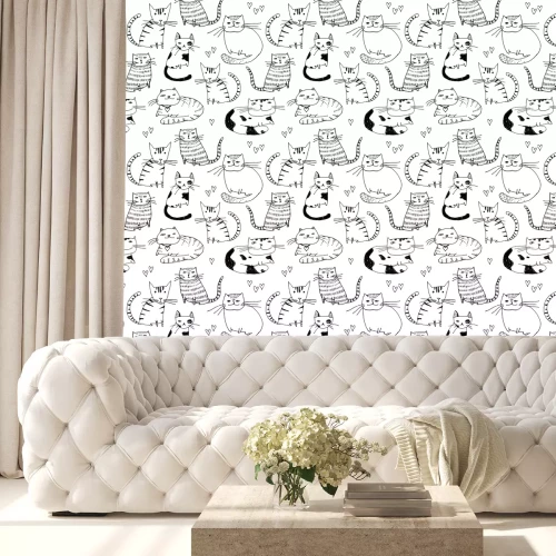 Tapete Seamless pattern. Wallpaper with fantasy cats cartoon animals on white background. Hand drawn vintage texture.