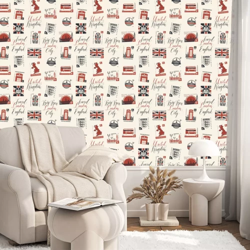 Tapete Nahtloses Muster des Vektors mit Briefmarken und handgeschriebenen Inschriften auf dem Thema Großbritannien und London im Retro-Stil auf hellem Hintergrund. Kann als Tapete oder Geschenkpapier verwend