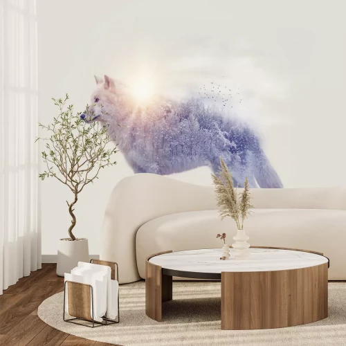 Fototapete Abstrakter weißer Wolf mit Bäumen