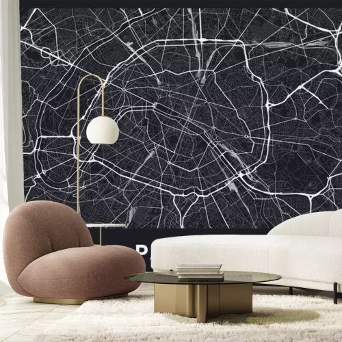 Sticker Dark Paris city map. Road map of Paris (France). Black and white (dark) illustration of parisian streets. Printable poster format (album).