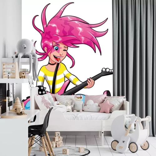 Sticker Mädchen mit E-Gitarre. Vektor-Illustration, isoliert Objekt.