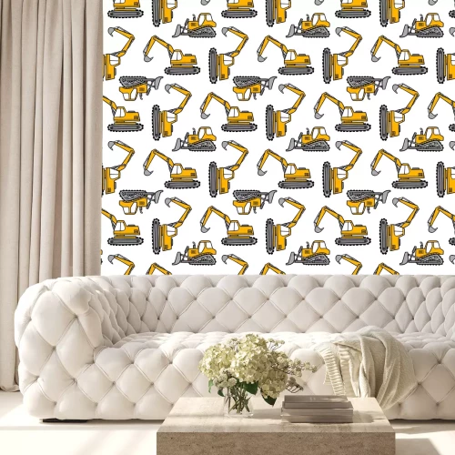 Tapete Hand drawn grips and bulldozers seamless vector pattern on white background.