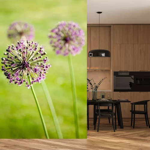 Sticker Drei lila Blumen auf einem grünen Hintergrund