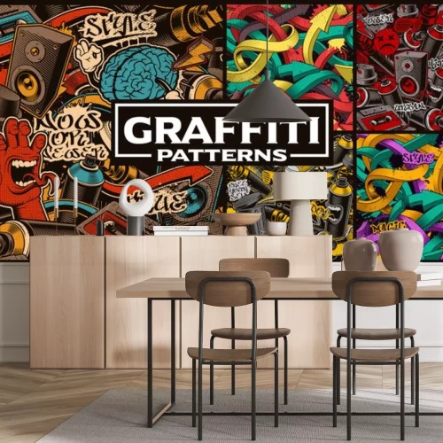 Sticker Set of seamless patterns with graffiti art