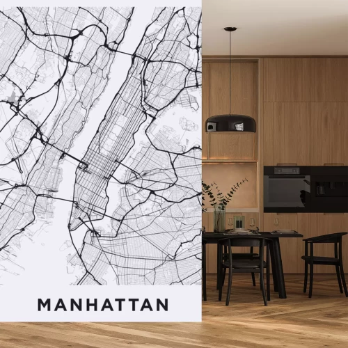 Sticker Light Manhattan (New York) map. Road map of Manhattan (NYC). Black and white (light) illustration of Manhattan's streets. Transport network of Manhattan. Printable poster format (portrait).