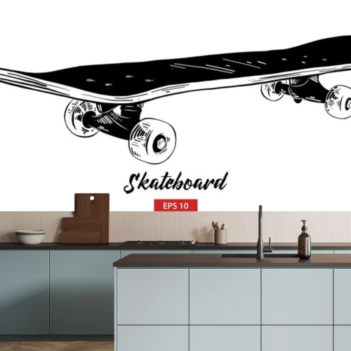Sticker Vector engraved style illustration for posters, decoration and print. Hand drawn sketch of skateboard in black isolated on white background. Detailed vintage etching style drawing.