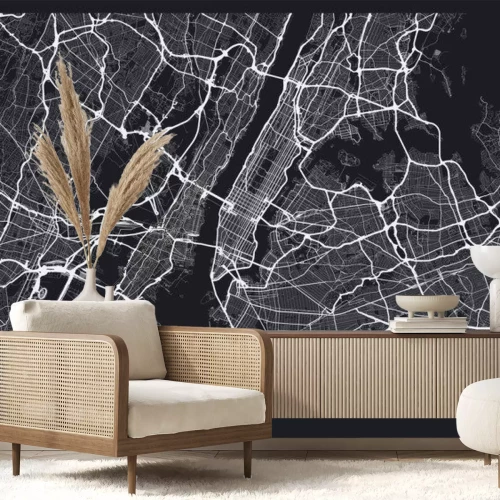 Sticker Dark New York City map. Road map of New York (United States). Black and white (dark) illustration of new york streets. Transport network of the Big Apple. Printable poster format (album).