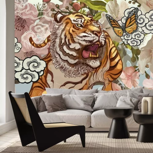 Fototapete Orientalische Komposition von Tiger und Schmetterling