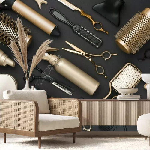 Fototapete Elegante Friseurwerkzeuge auf schwarzem Hintergrund