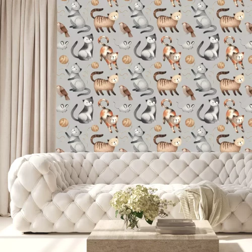 Tapete Watercolor illustration of cute cat. Seamless pattern