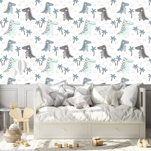 Tapete Kinderdinosaurier und Palmen im skandinavischen Stil