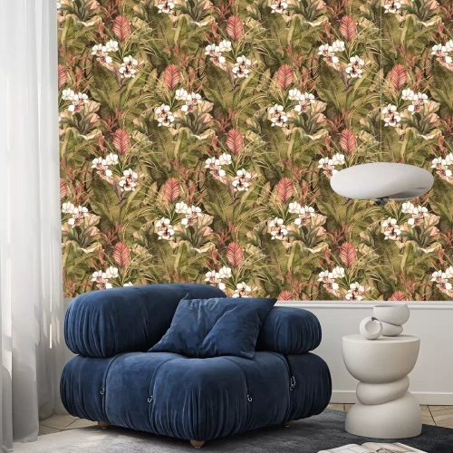 Tapete Nahtloses Muster mit tropischen Blättern und Blüten. Aquarellmuster mit weißer Orchideen-Phalinopsis. Botanischer Hintergrund