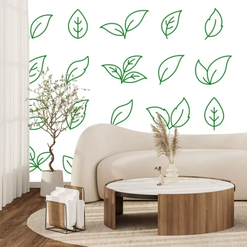 Sticker set of linear green leaf icons on white