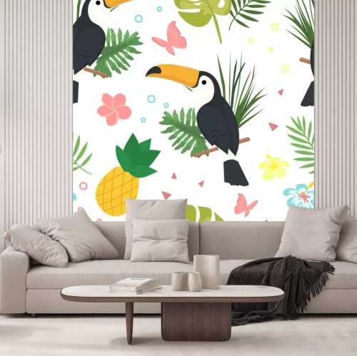 Sticker Seamless vector cartoon doodle pattern. Exotic tropical texture for printing, web design, poster template. Collection of funny elements