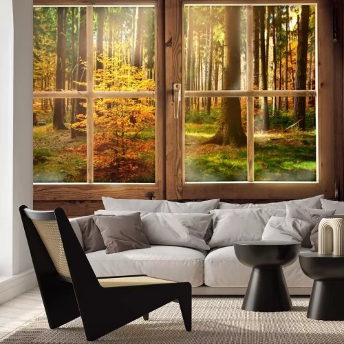 Fototapete Holzhütte mit Ausblick auf einen Herbstwald