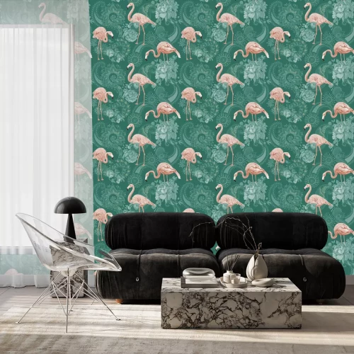 Tapete Flamingos auf grünem Hintergrund