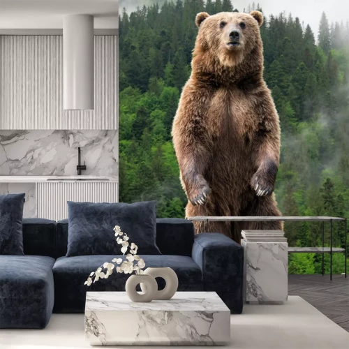 Fototapete Ein großer Braunbär vor einer nebligen Landschaft