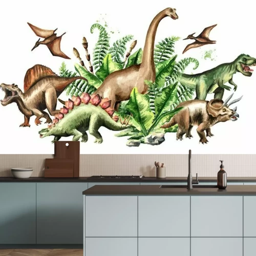 Sticker Dinosaurier und prähistorische Pflanzen im Aquarellstil