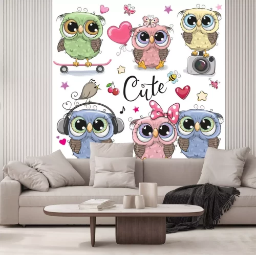 Sticker Set of cute owls on a white background