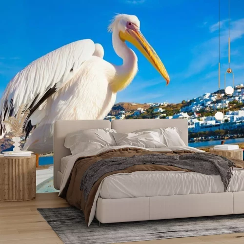 Sticker Tiere Pelikan mit ausgebreiteten Flügeln und griechische Gebäude
