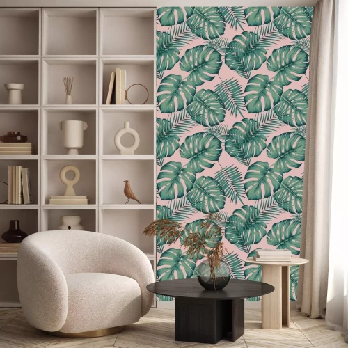 Tapete Tropische Blätter auf rosa Hintergrund