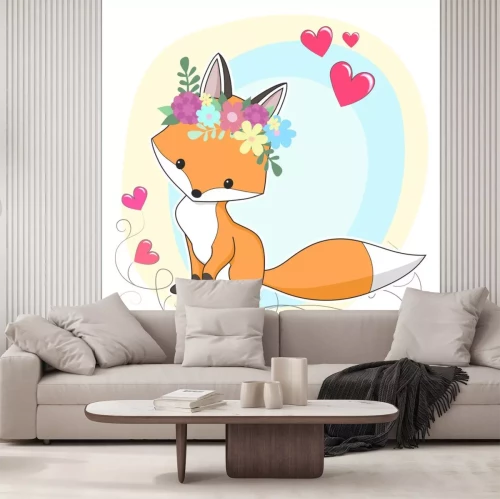 Sticker Rotfuchs umgeben von rosa Herzen