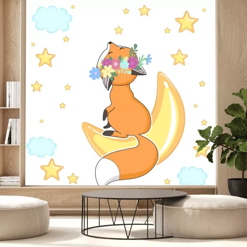 Sticker Rotfuchs auf dem Mond sitzend und gelbe Sterne
