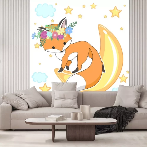 Sticker Füchse kleiner Fuchs mit Kranz auf dem Kopf auf dem Mond